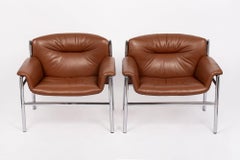 Mid Century Caramel Brown Leather Lounge Chairs by Stendig 1960s