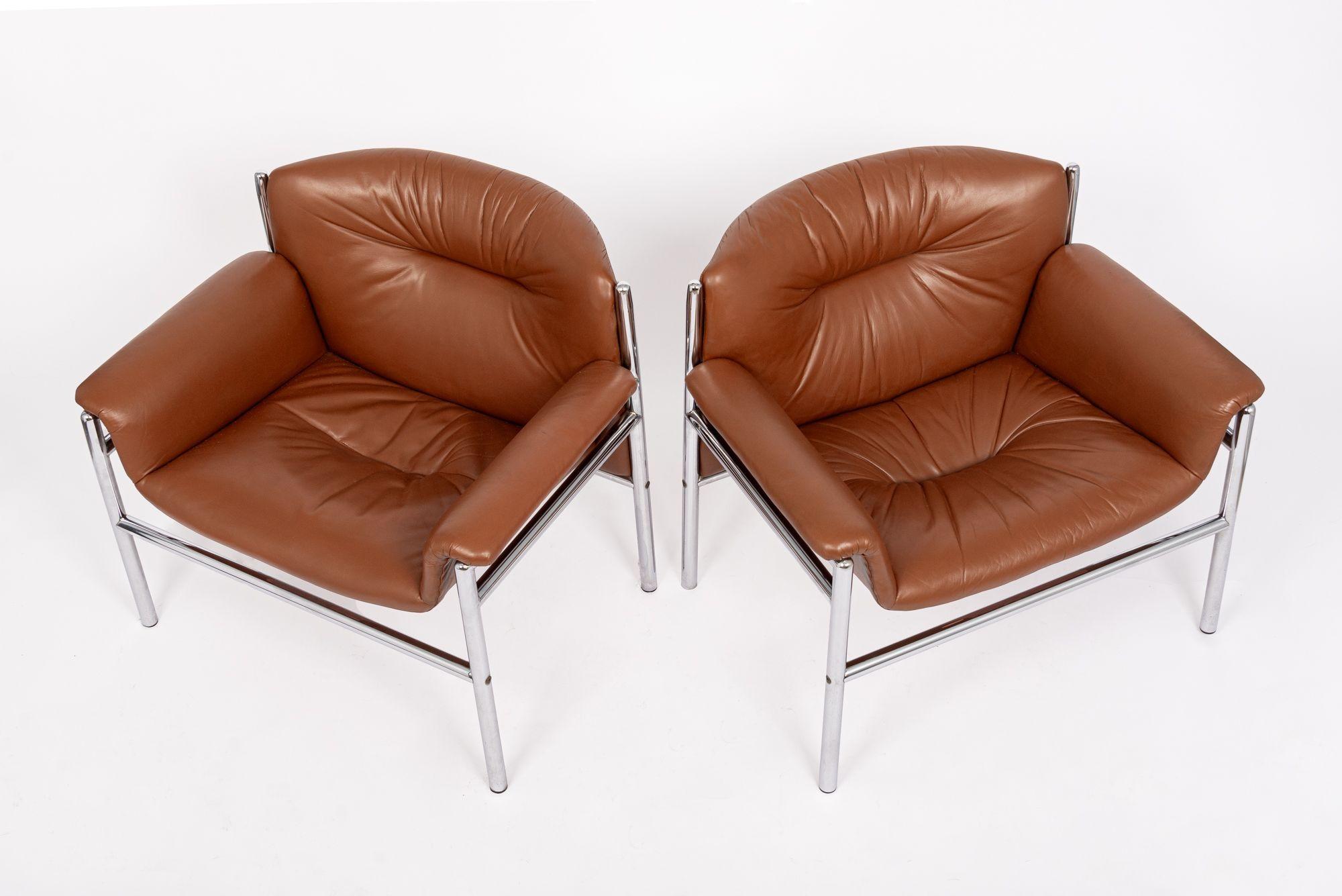 Steel Mid Century Caramel Brown Leather Lounge Chairs by Stendig 1960s For Sale