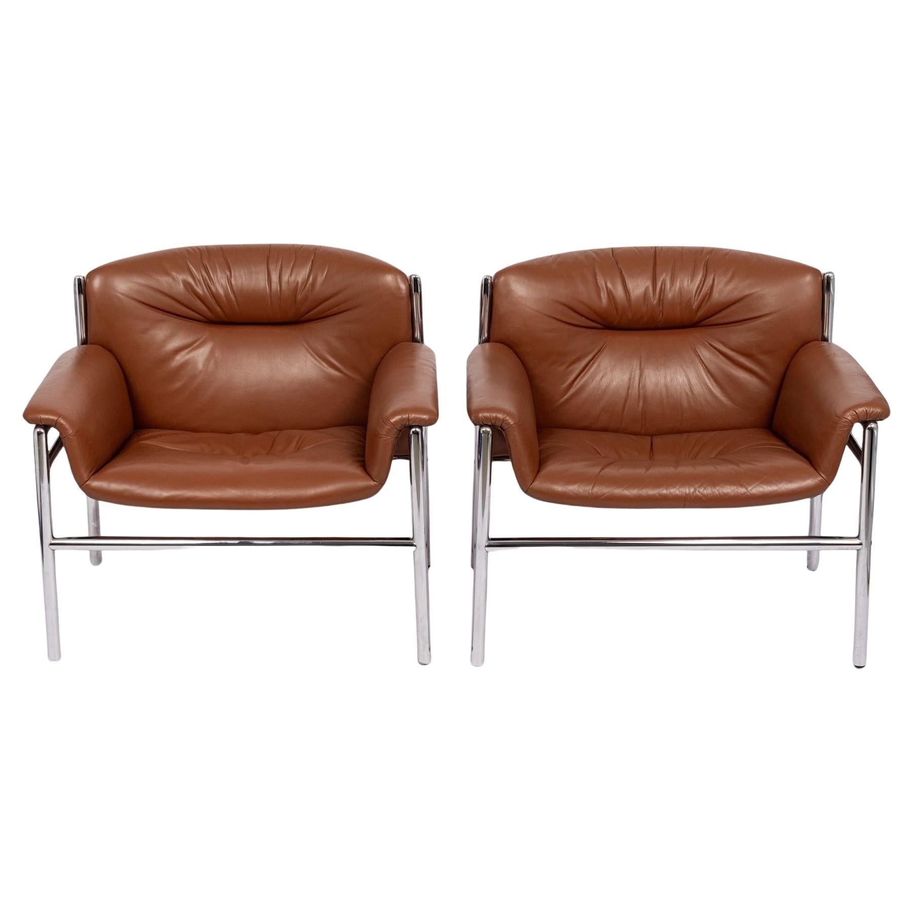 Mid Century Caramel Brown Leather Lounge Chairs by Stendig 1960s