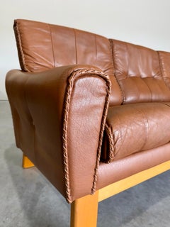Mid Century Caramel Leather and Beech Sofa with Baseball Glove Stitching