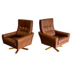 Mid Century Caramel Leather and Beech Swivel Chairs, Baseball Glove Stitching