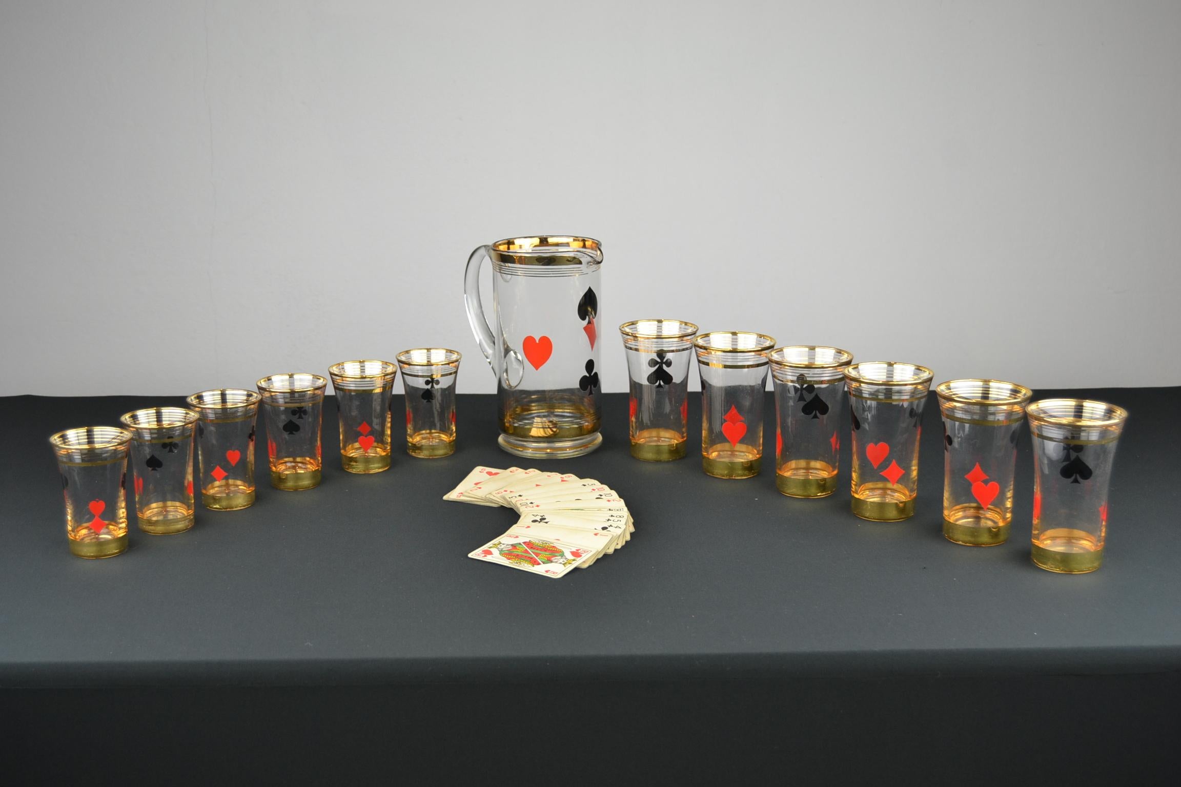 Midcentury Card Game Decanter Set, Carafe with 12 Glasses 4