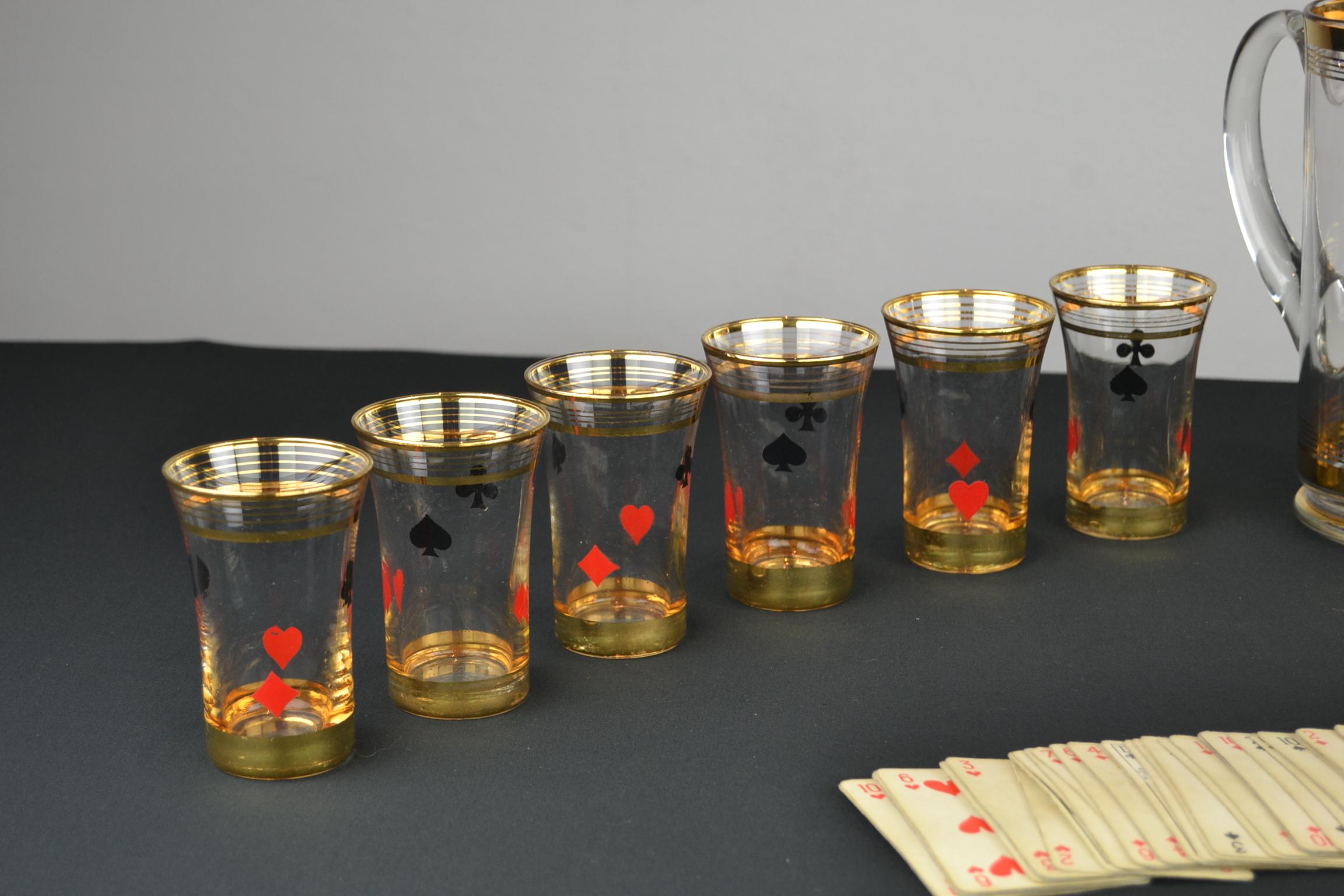 Midcentury Card Game Decanter Set, Carafe with 12 Glasses 5