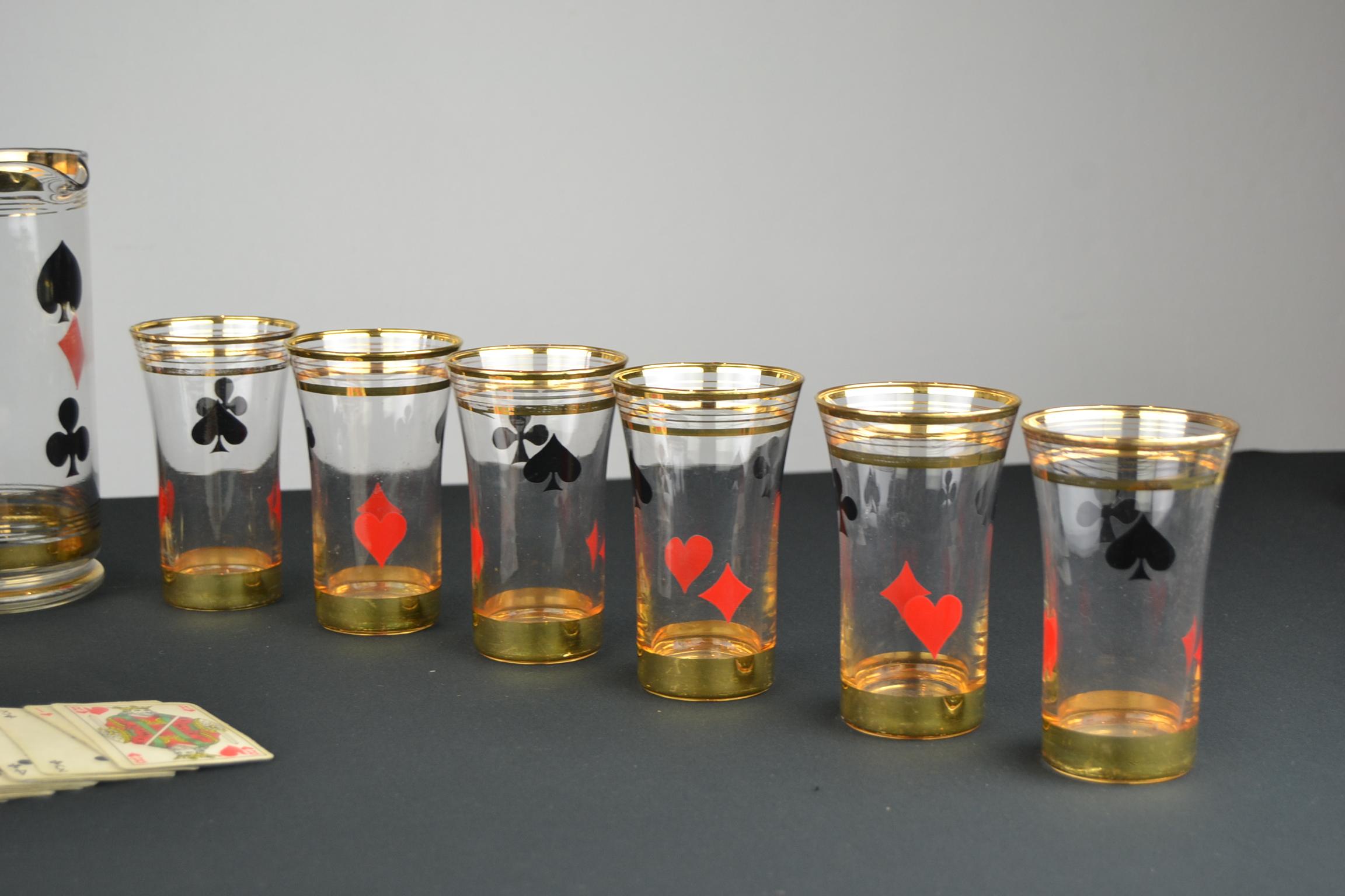 Midcentury Card Game Decanter Set, Carafe with 12 Glasses 6