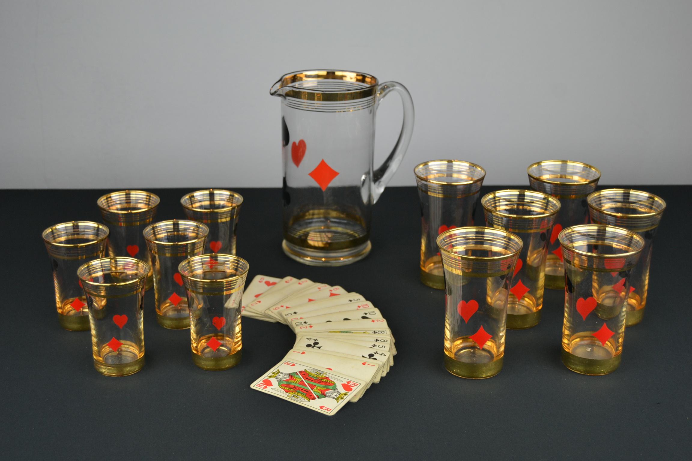 Midcentury Card Game Decanter Set, Carafe with 12 Glasses 7