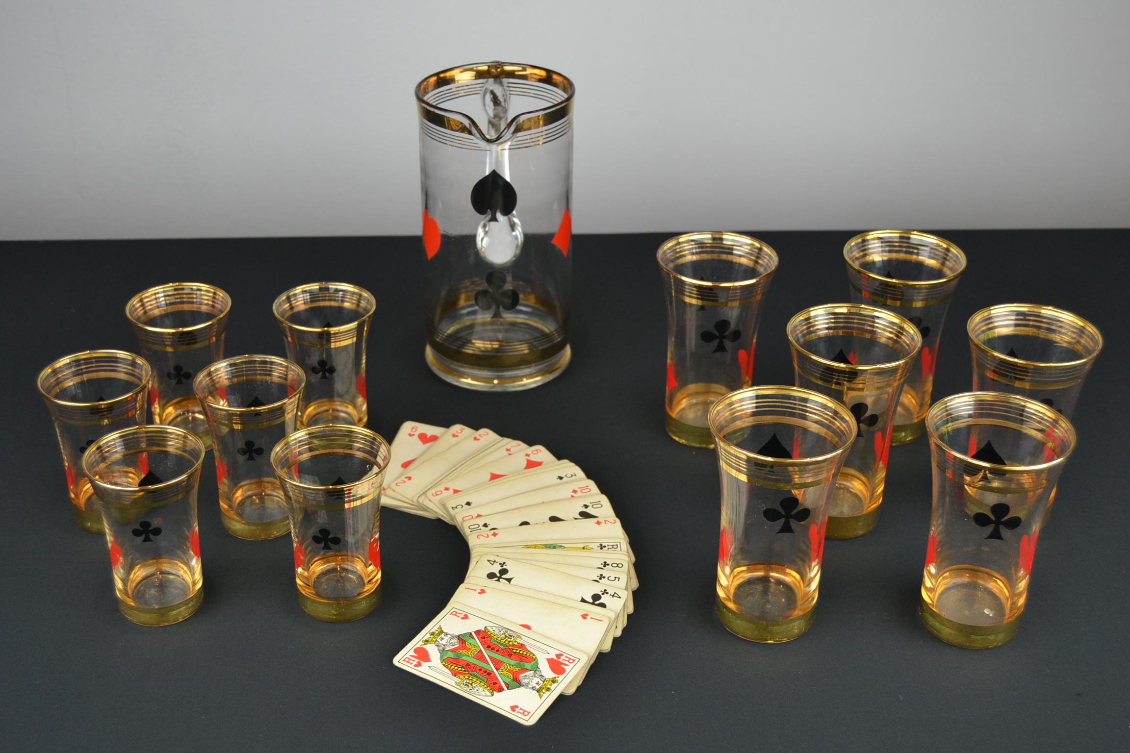 Midcentury Card Game Decanter Set, Carafe with 12 Glasses 8