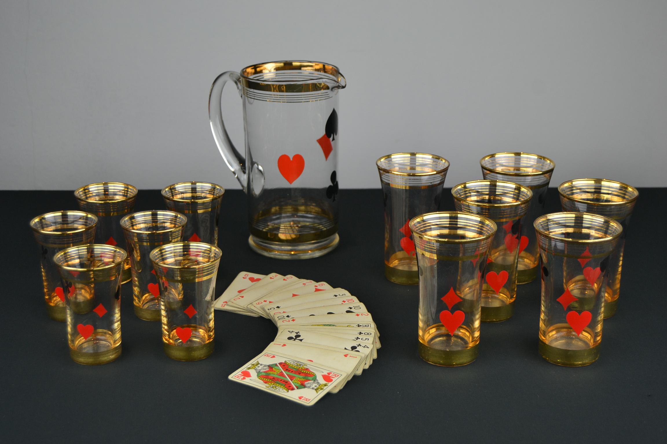 Midcentury Card Game Decanter Set, Carafe with 12 Glasses 9