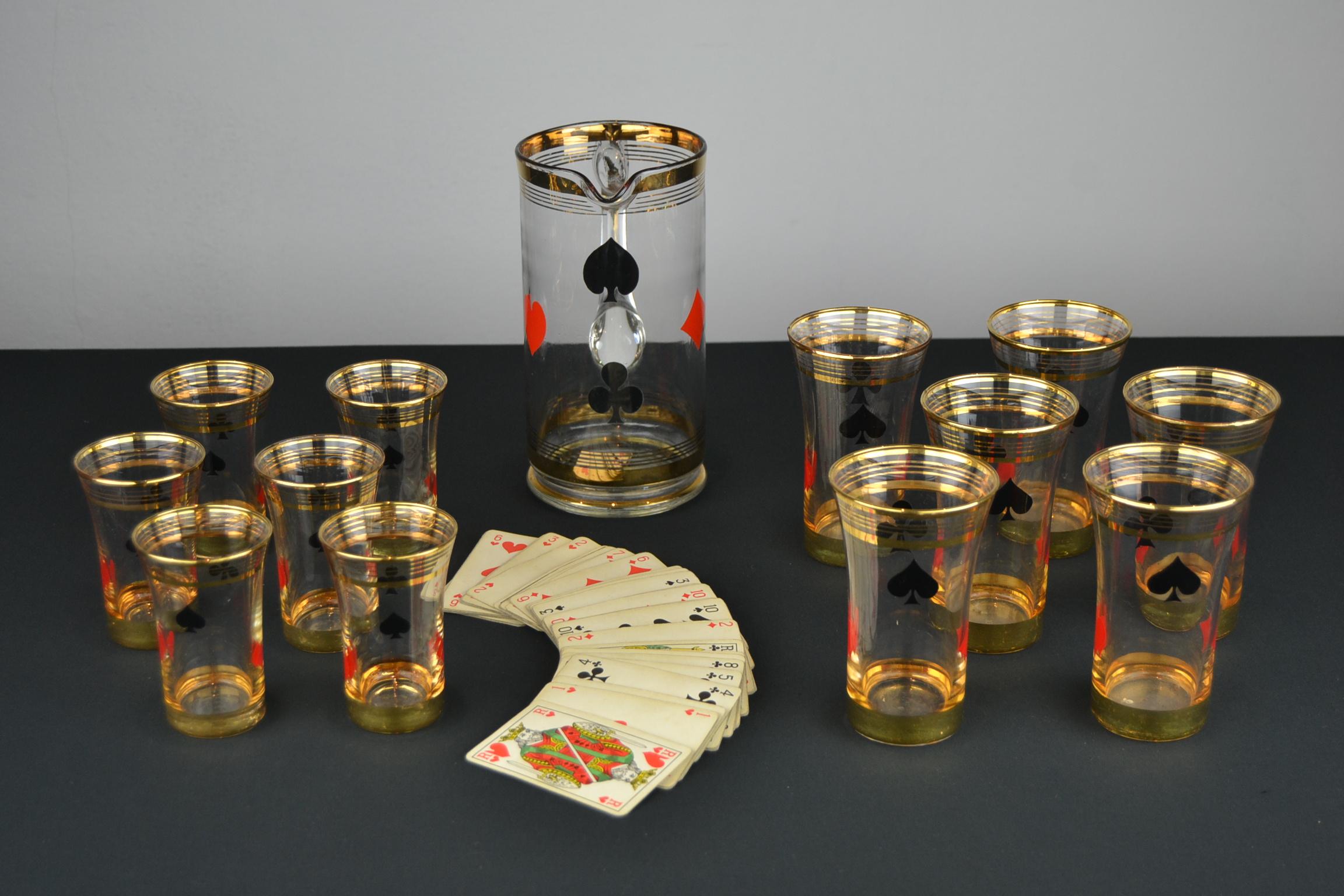 Midcentury Card Game Decanter Set, Carafe with 12 Glasses 10