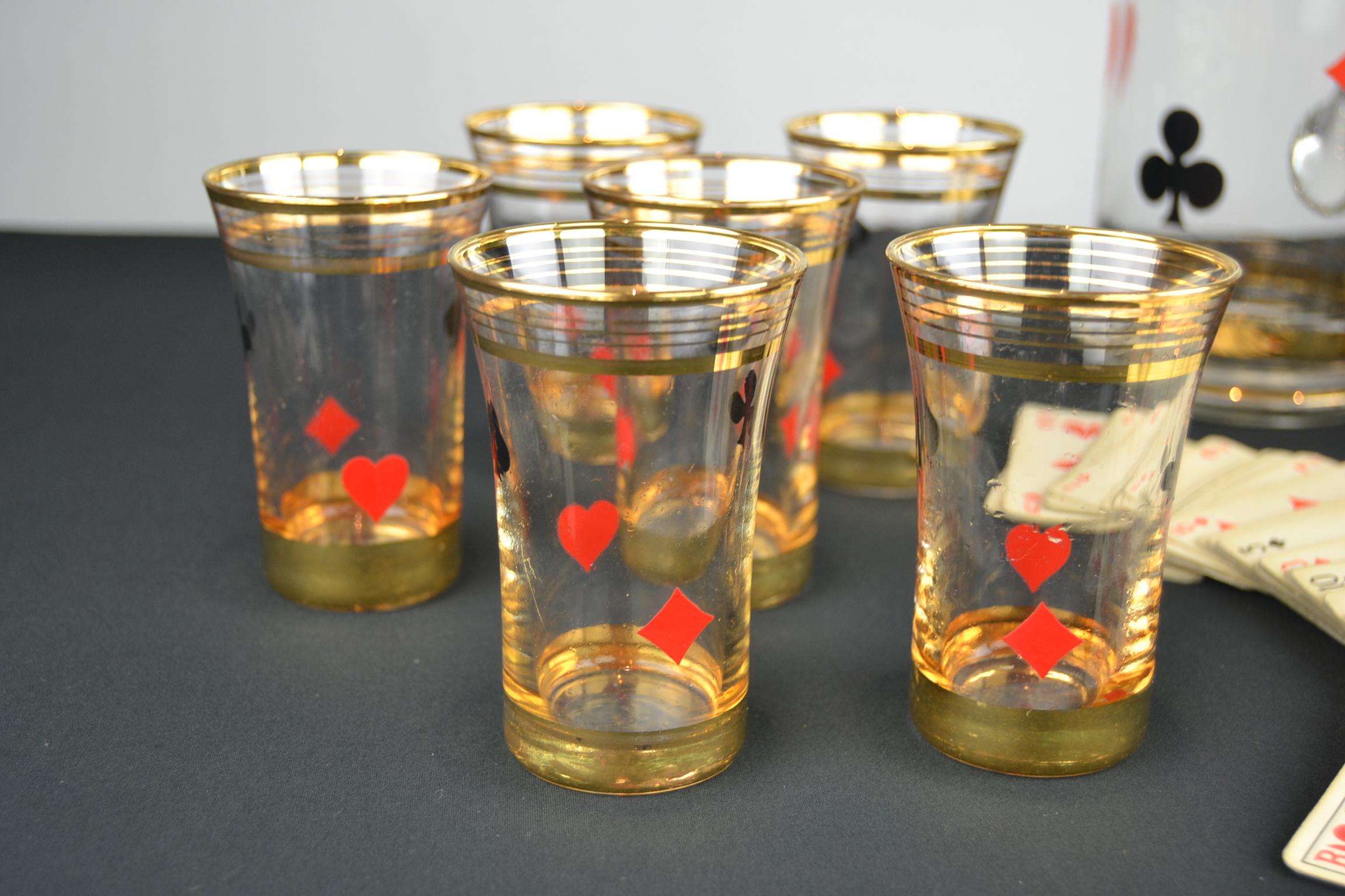European Midcentury Card Game Decanter Set, Carafe with 12 Glasses