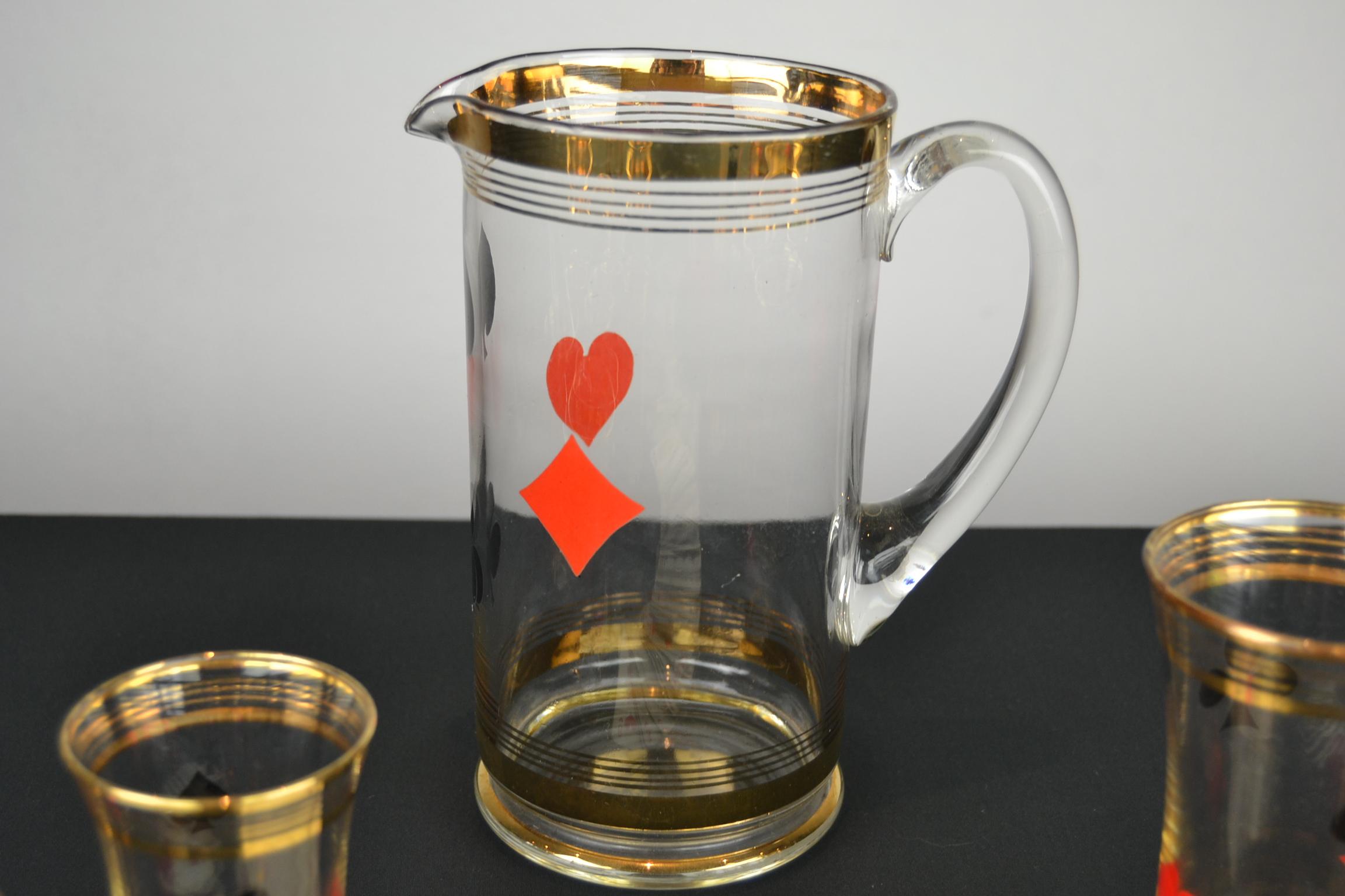 Midcentury Card Game Decanter Set, Carafe with 12 Glasses 1