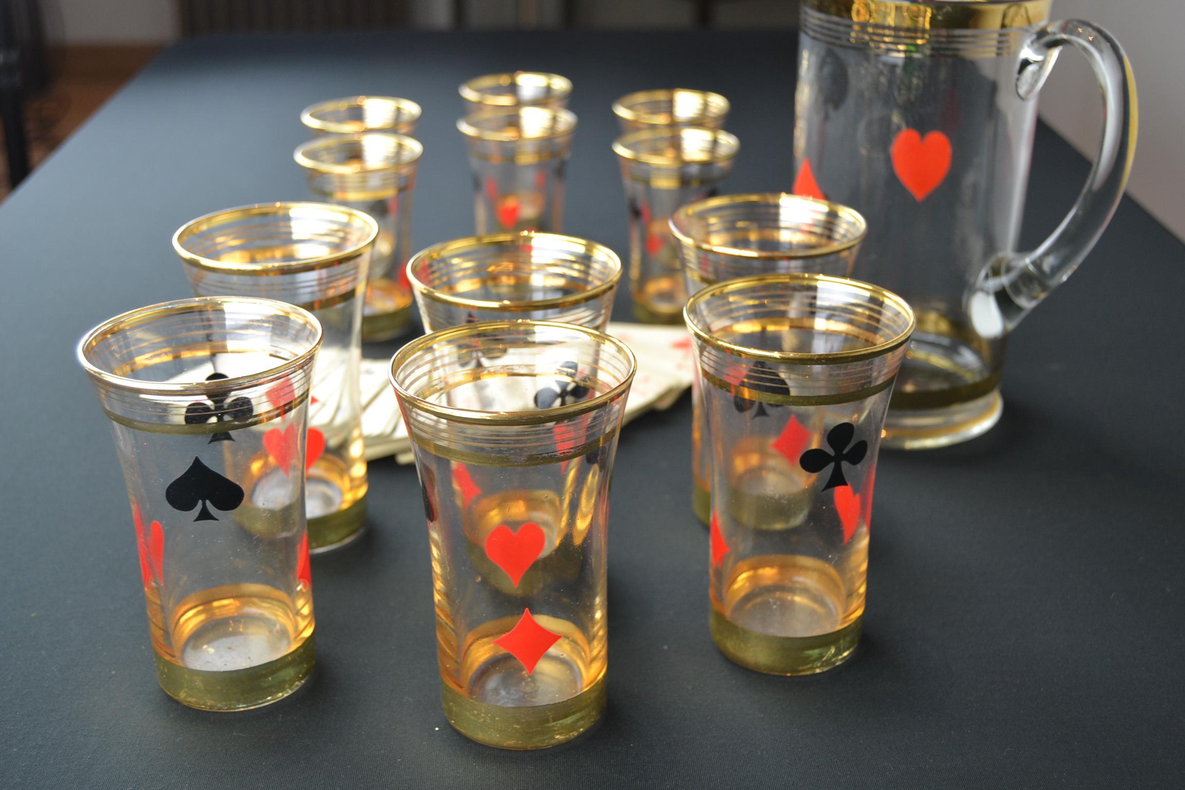 Midcentury Card Game Decanter Set, Carafe with 12 Glasses 3
