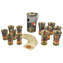 Midcentury Card Game Decanter Set, Carafe with 12 Glasses