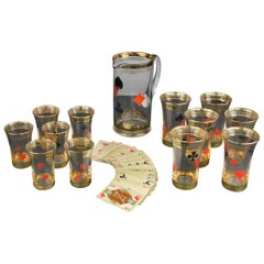 Vintage Midcentury Card Game Decanter Set, Carafe with 12 Glasses