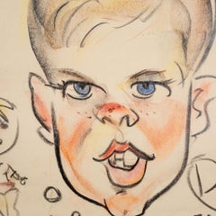 Mid-Century Caricature Tennis Player, Pastels on Paper c.1950