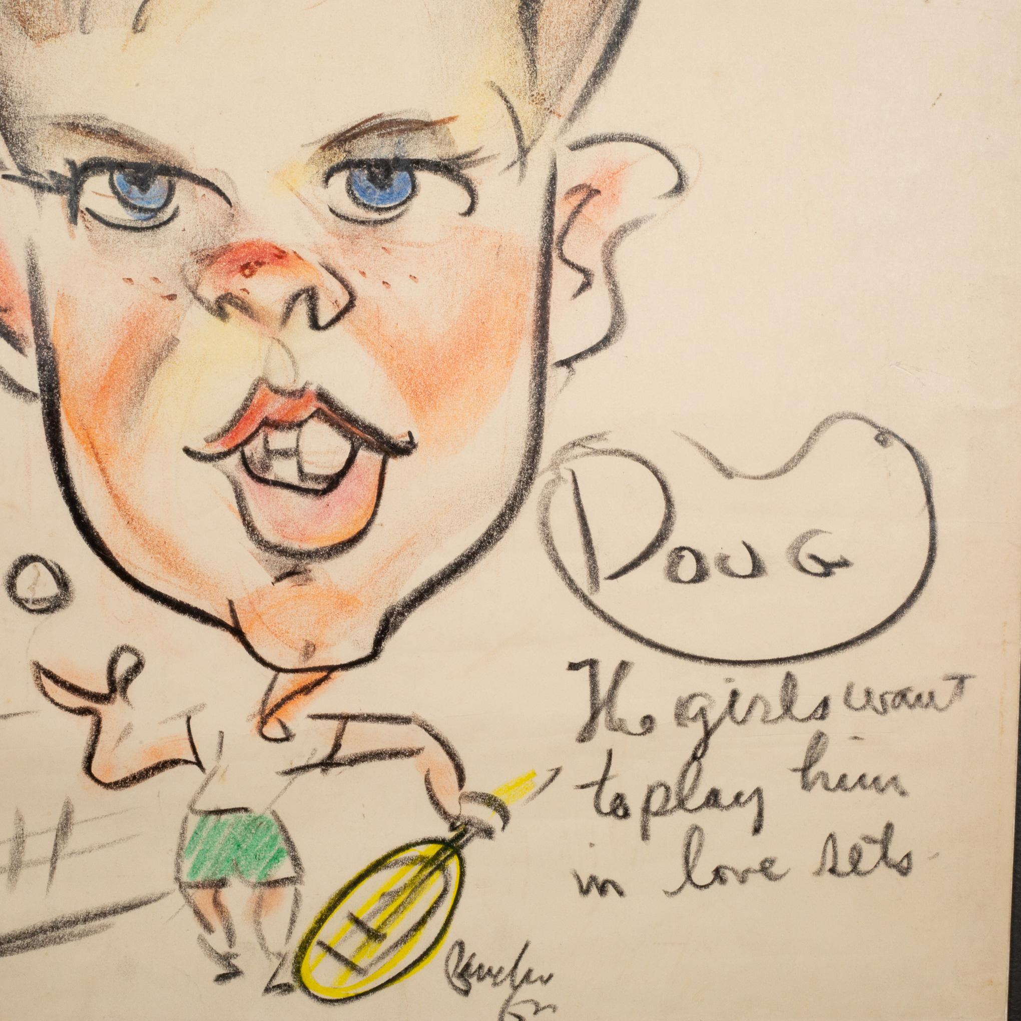 Folk Art Mid-Century Caricature Tennis Player, Pastels on Paper c.1950 For Sale