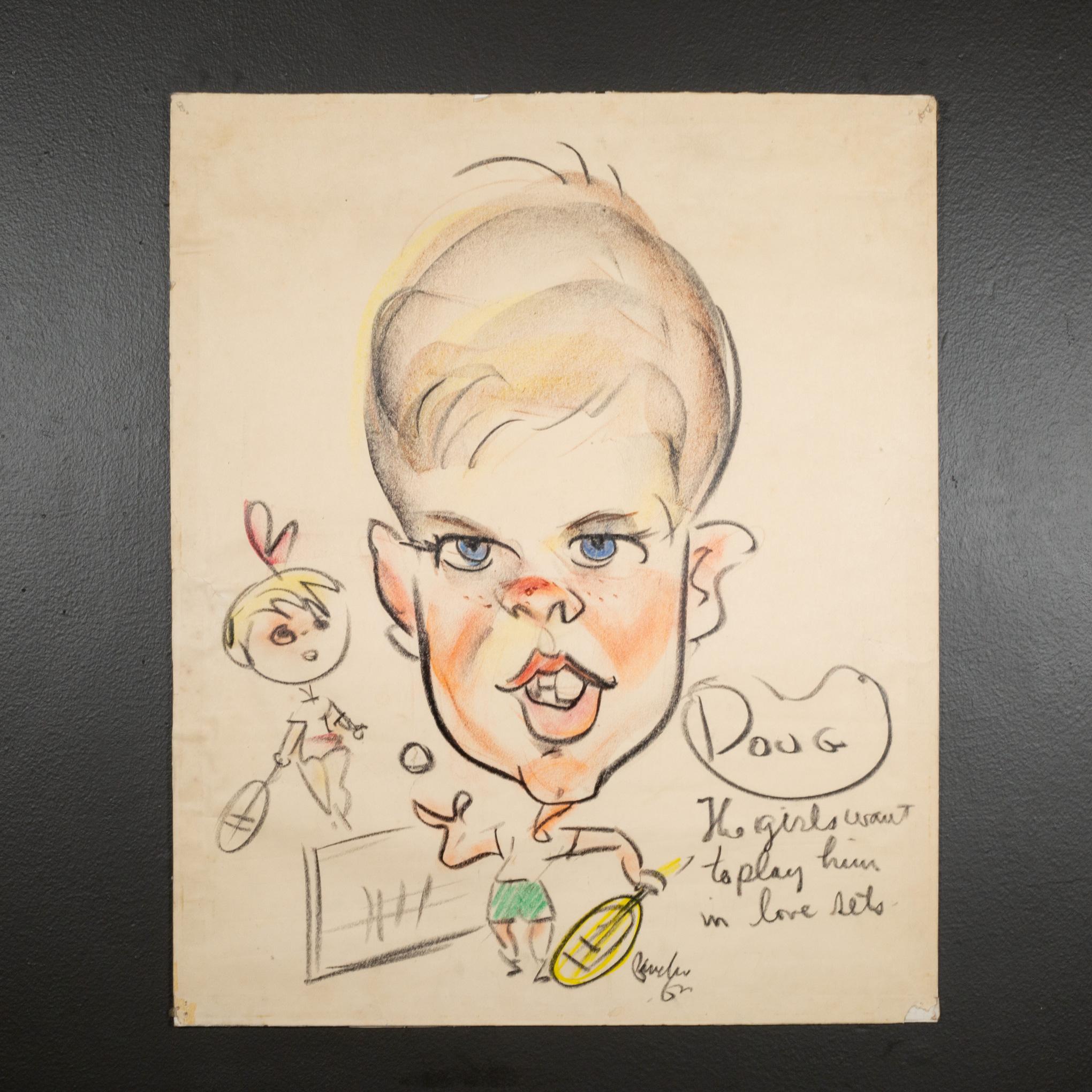 Mid-Century Caricature Tennis Player, Pastels on Paper c.1950 For Sale