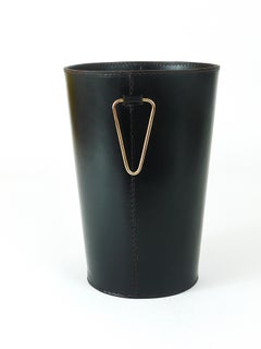 Mid-Century Carl Auböck Black Leather & Brass Wastepaper Basket, Austria, 1950s