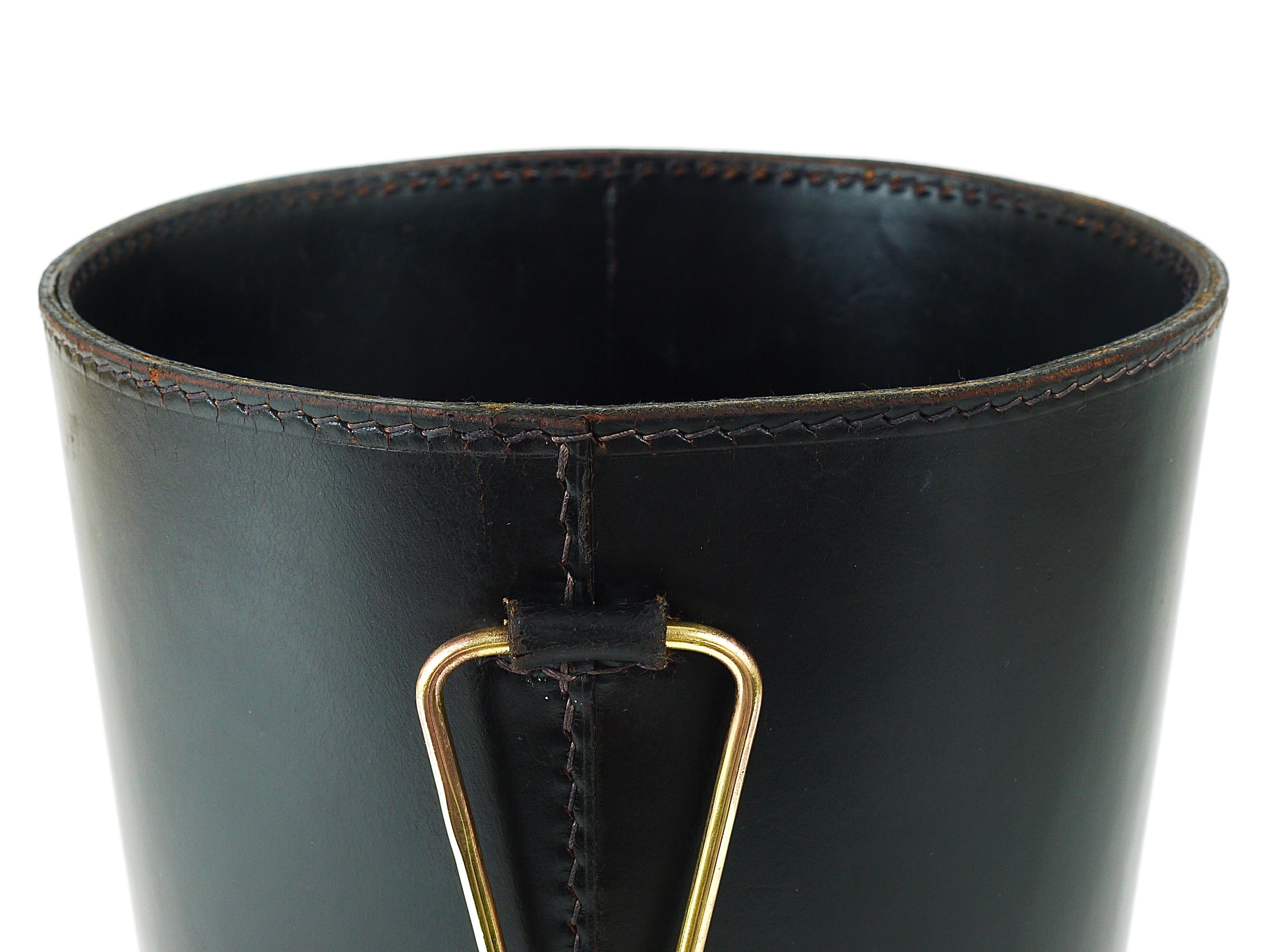 Mid-Century Carl Auböck Black Leather & Brass Wastepaper Basket, Austria, 1950s For Sale 13