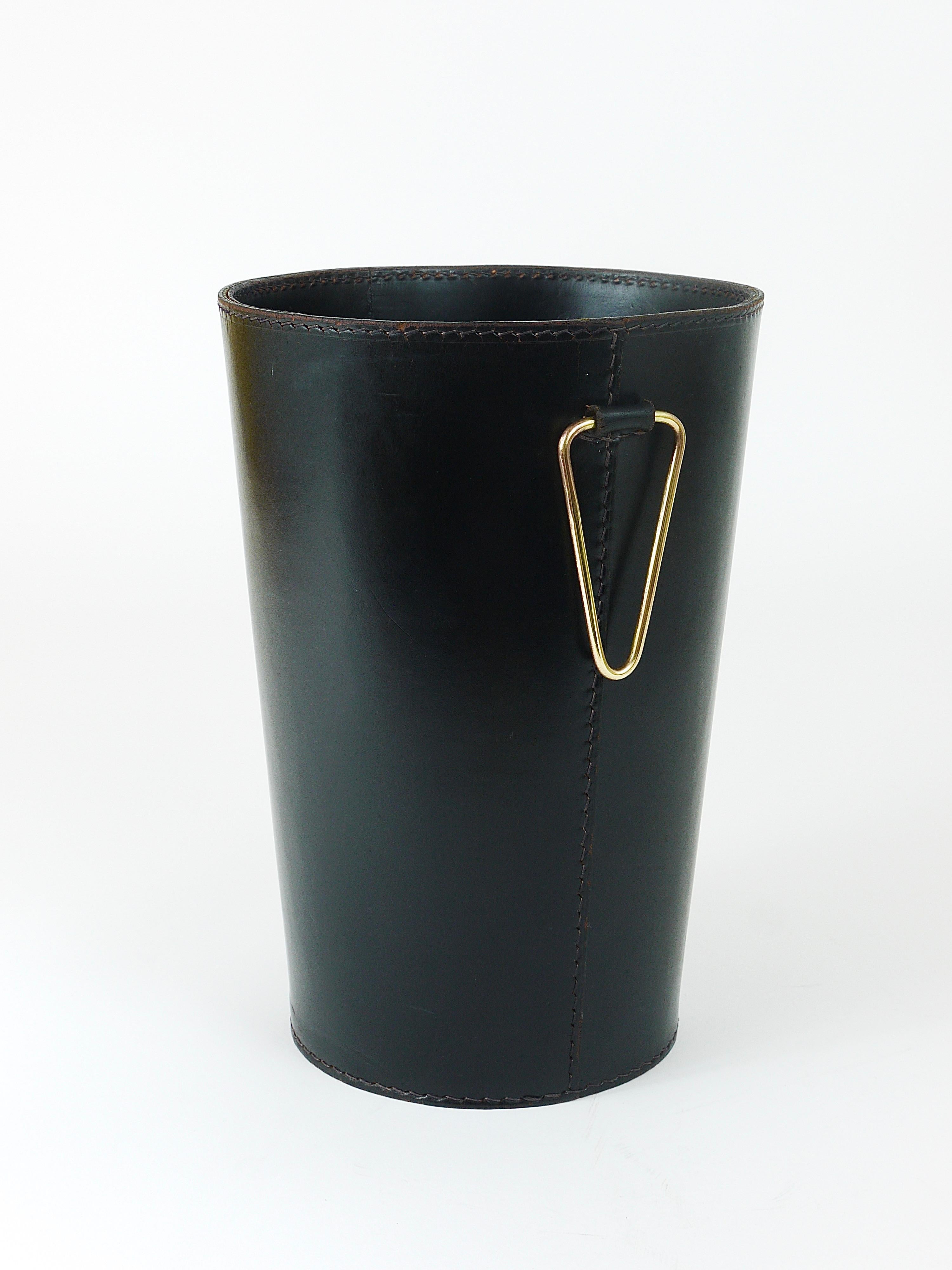 Hand-Crafted Mid-Century Carl Auböck Black Leather & Brass Wastepaper Basket, Austria, 1950s For Sale