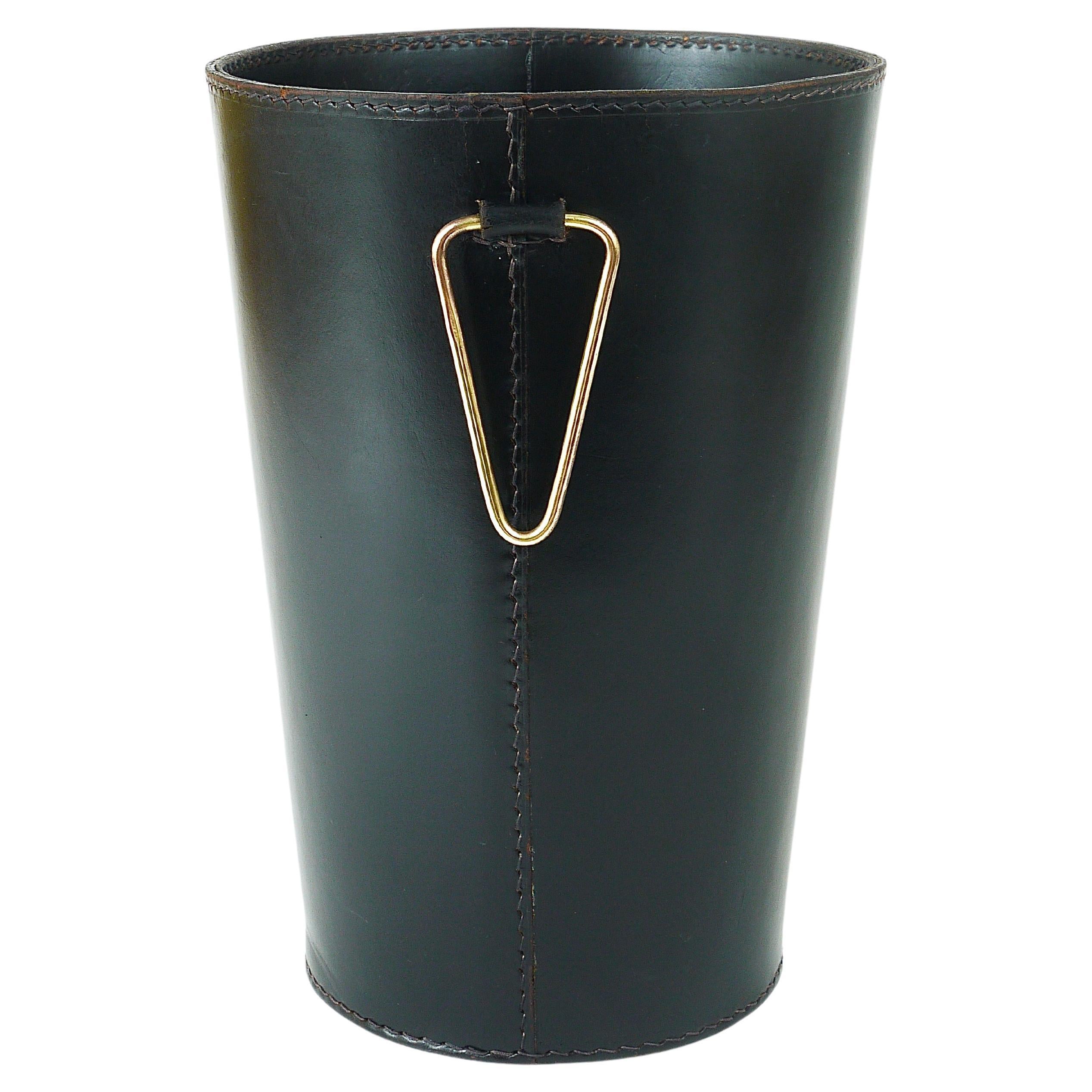 Mid-Century Carl Auböck Black Leather & Brass Wastepaper Basket, Austria, 1950s For Sale