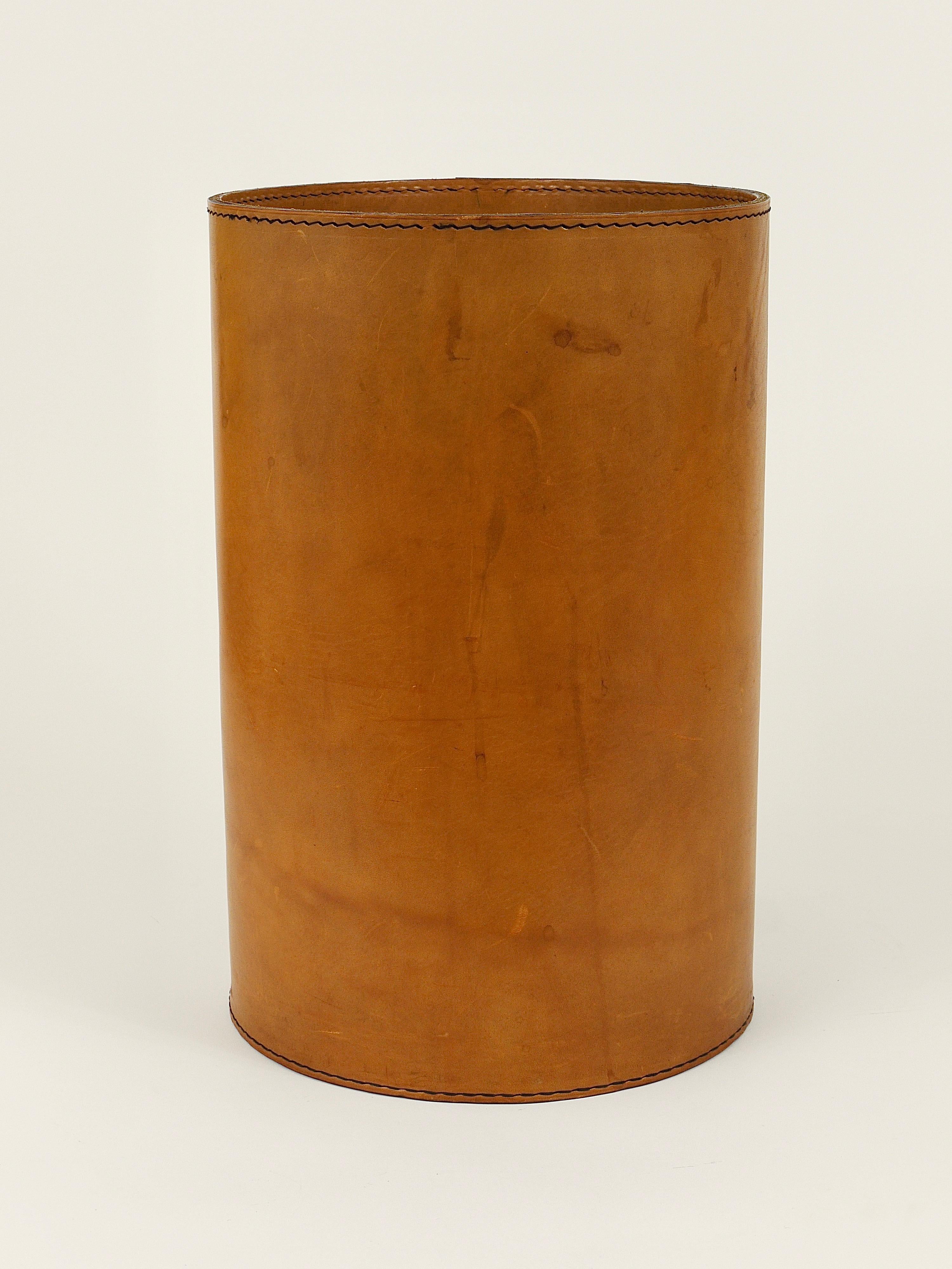 Mid-Century Carl Auböck Brown Leather Wastepaper Basket, Austria, 1950s 3