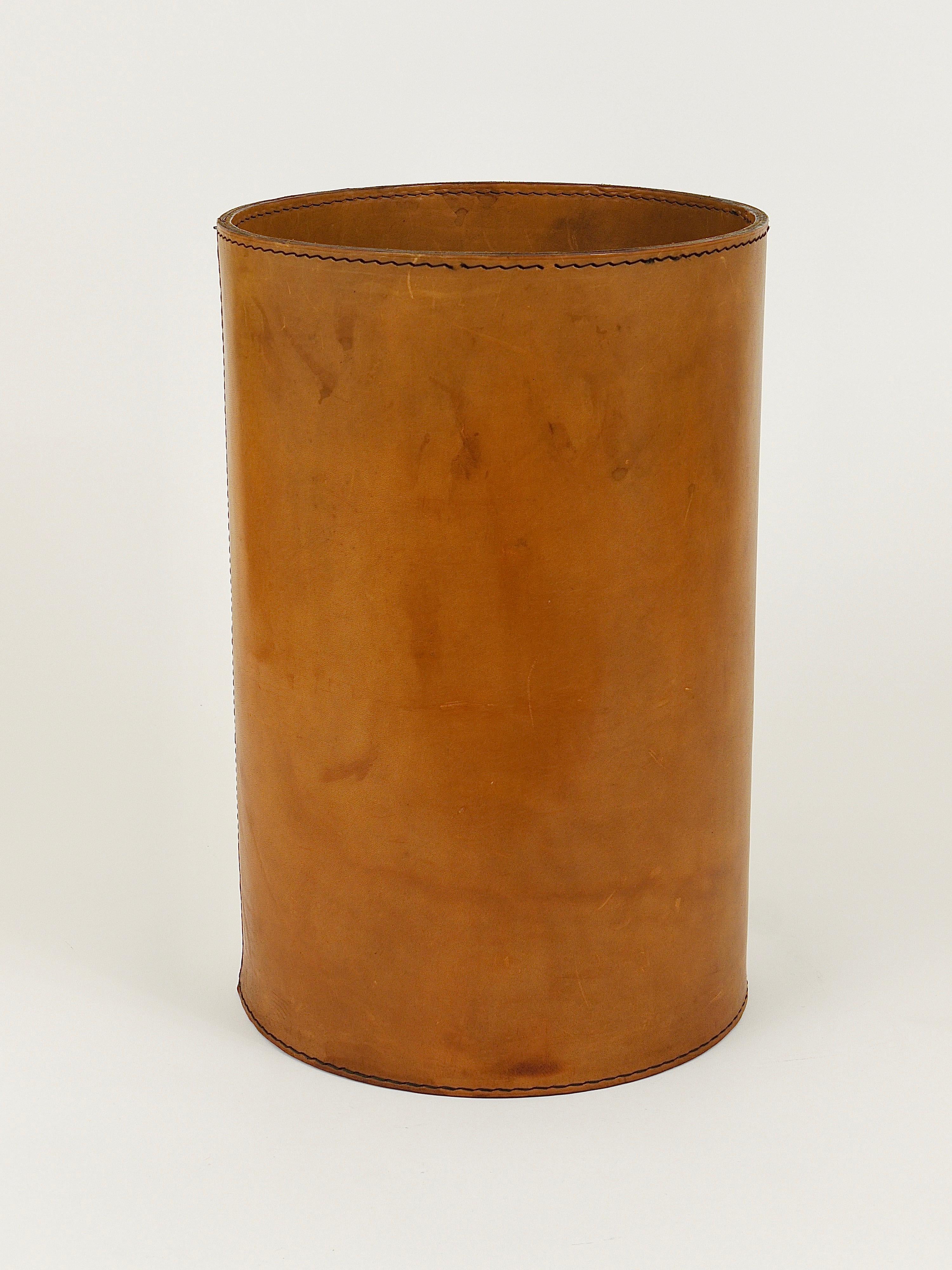 Hand-Crafted Mid-Century Carl Auböck Brown Leather Wastepaper Basket, Austria, 1950s