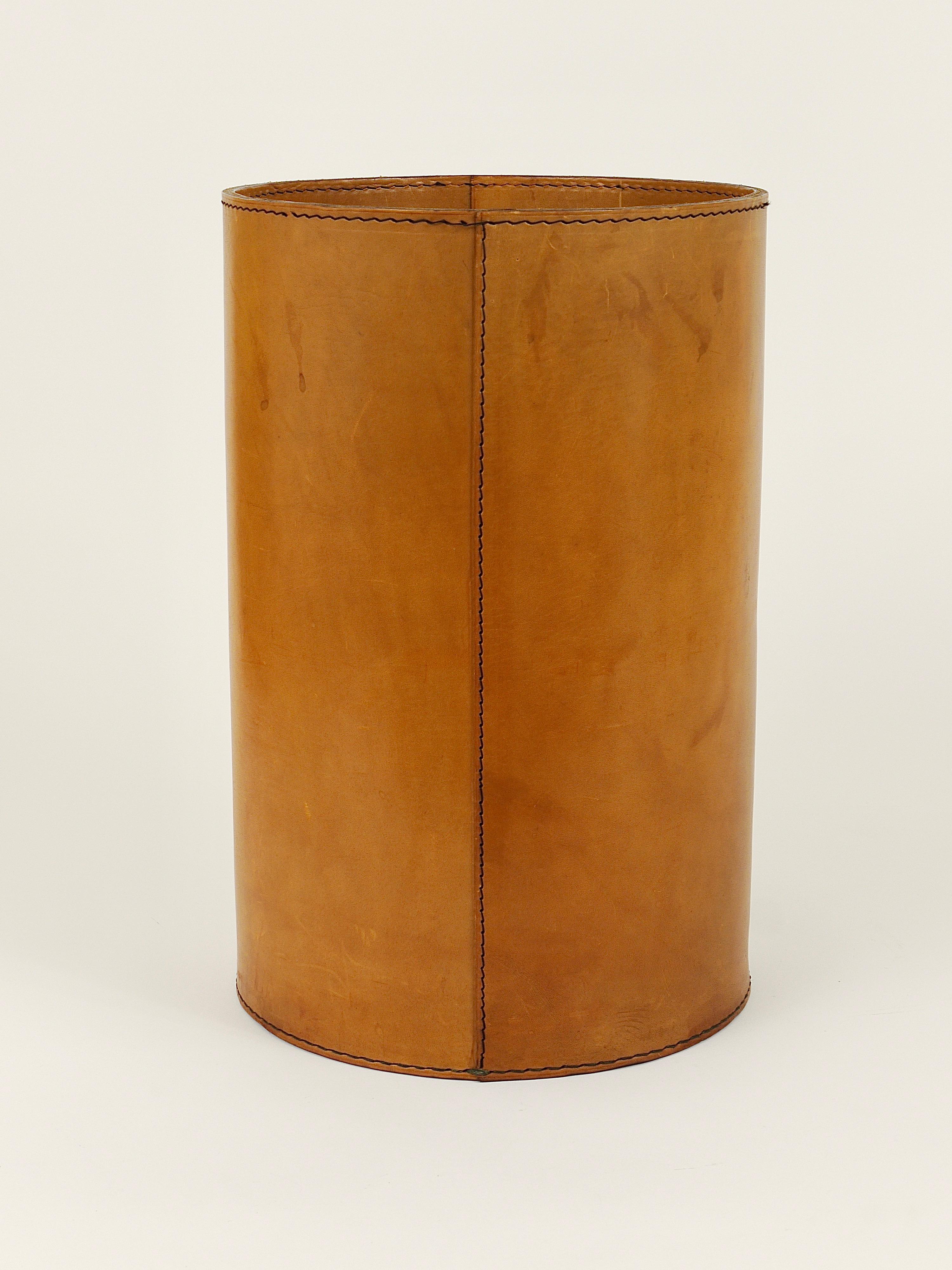 20th Century Mid-Century Carl Auböck Brown Leather Wastepaper Basket, Austria, 1950s
