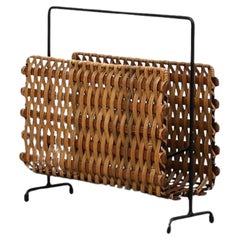 Mid-Century Carl Auböck Inspired Metal and Rattan Magazine Rack