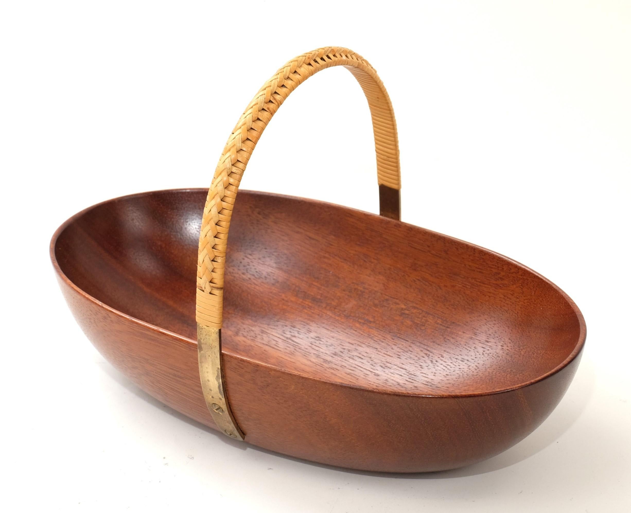 Mid-20th Century Mid Century Carl Auböck Teak Bowl with Brass and Rattan Handle, Austria 1950s For Sale