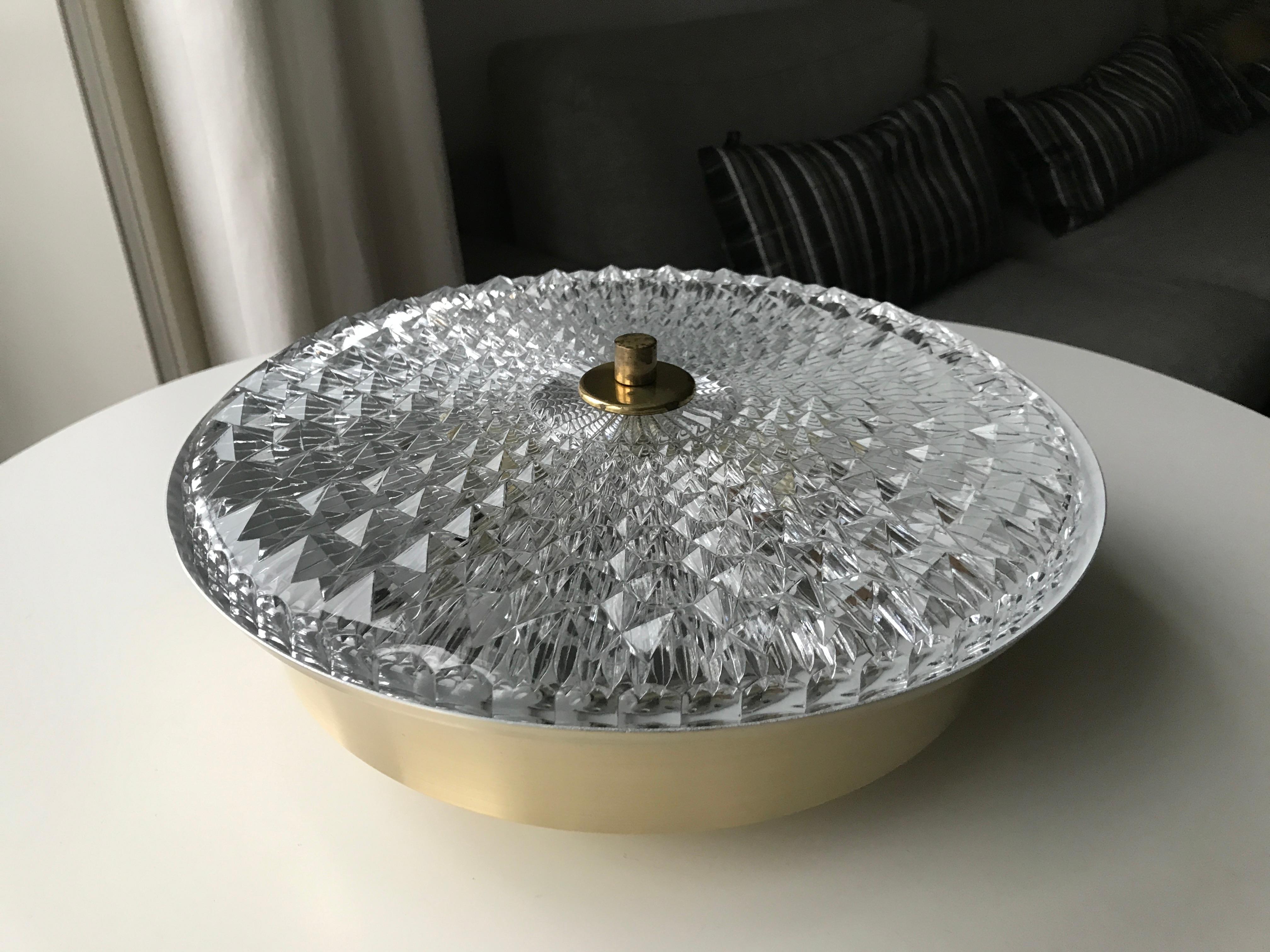 FREE SHIPPING! Mid-Century Gold anodized brushed aluminium plafond with sculptured glass from Swedish Orrefors designed by Carl Fagerlund. Manufactured by Vitrika in Denmark. The brand name is Danish short for Vi Tre Kan and can be translated in