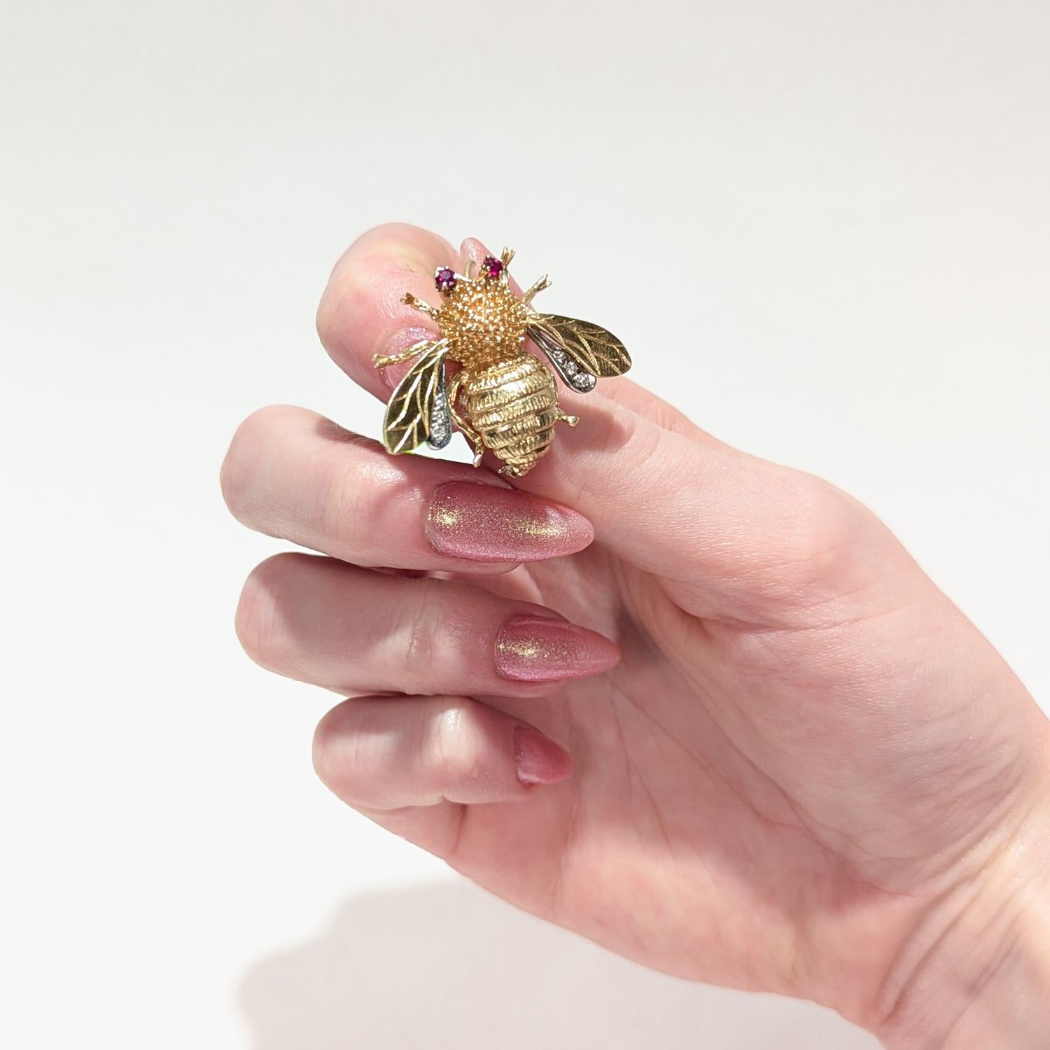 Mid-Century Carl Lindstrom & Son Diamond, Ruby, & 14k Gold Bumble Bee Brooch 7
