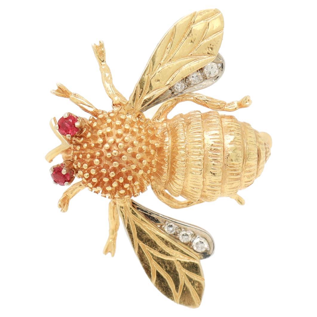 Round Cut Mid-Century Carl Lindstrom & Son Diamond, Ruby, & 14k Gold Bumble Bee Brooch