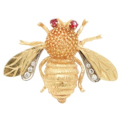 Mid-Century Carl Lindstrom & Son Diamond, Ruby, & 14k Gold Bumble Bee Brooch