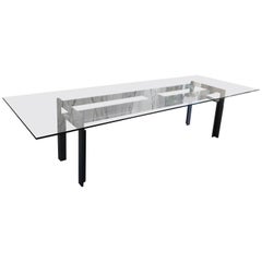 Mid Century Carlo Scarpa "Doge" Brushed Steel Base Dining Table with Glass Top