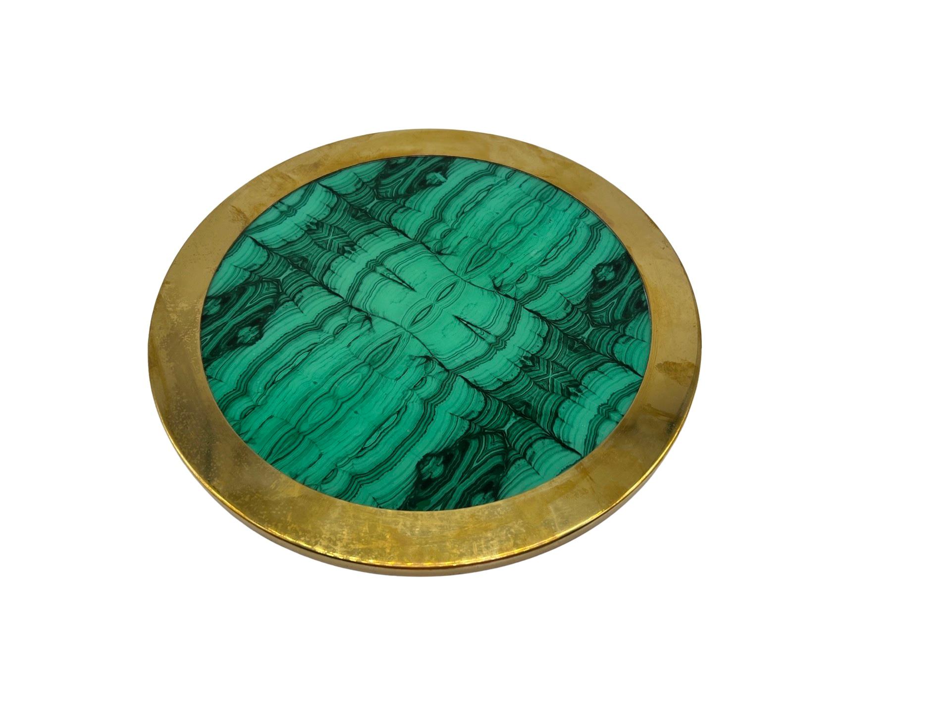Carole Stupell (American, 1905-1996), circa mid century. 
<br>A unique faux malachite and brass rimmed charger or plateau. 
<br>Marked to bottom 