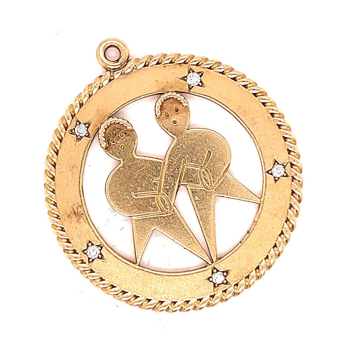 Round Cut Mid Century Cartier Diamond Yellow Gold Gemini Zodiac Medallion Pendant