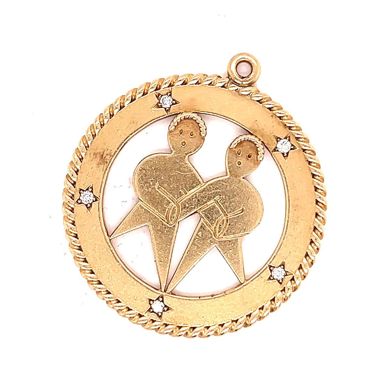 Mid Century Cartier Diamond Yellow Gold Gemini Zodiac Medallion Pendant In Excellent Condition In Beverly Hills, CA