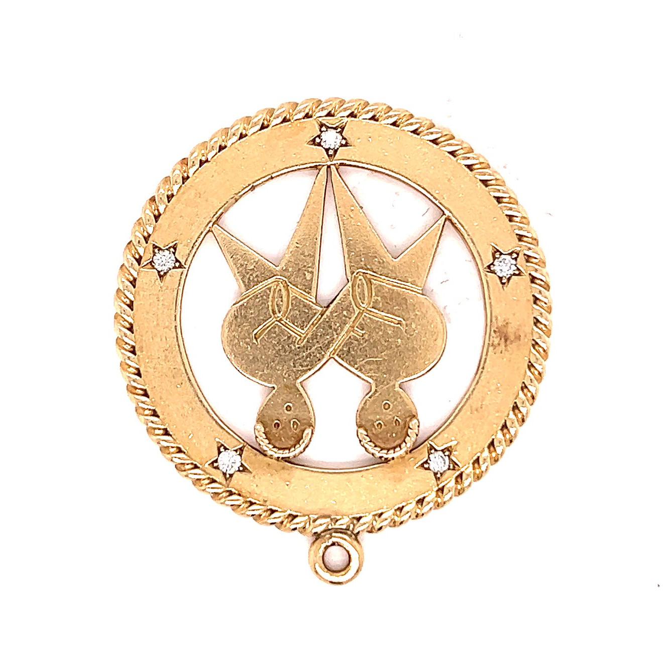 Women's or Men's Mid Century Cartier Diamond Yellow Gold Gemini Zodiac Medallion Pendant