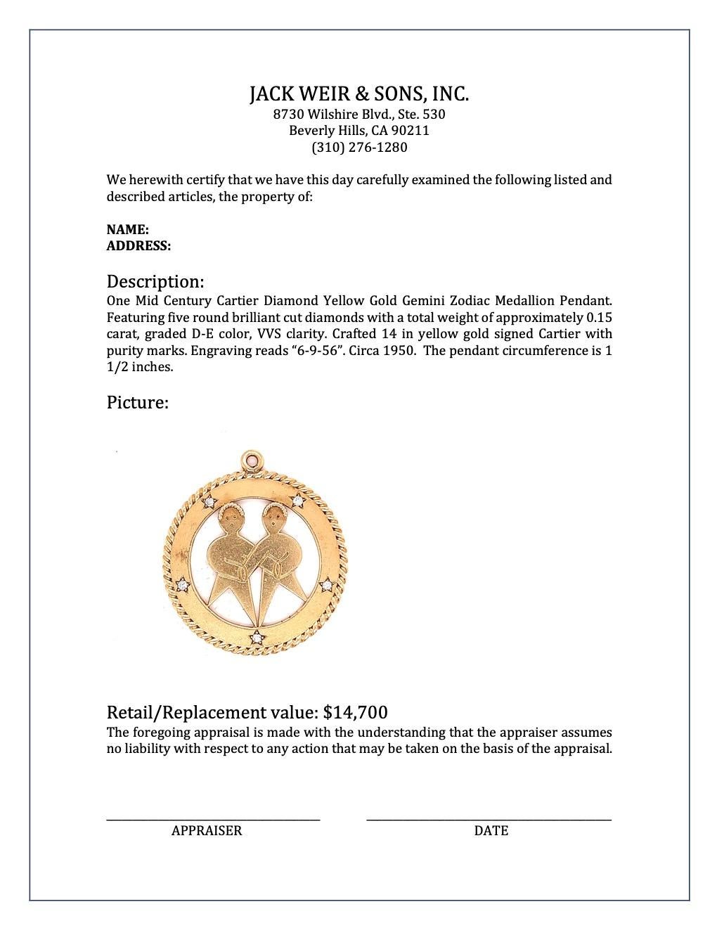Mid Century Cartier Diamond Yellow Gold Gemini Zodiac Medallion Pendant 1