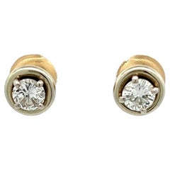 Vintage Mid Century Cartier French Diamond 18 Karat Two Tone Gold Stud Earrings