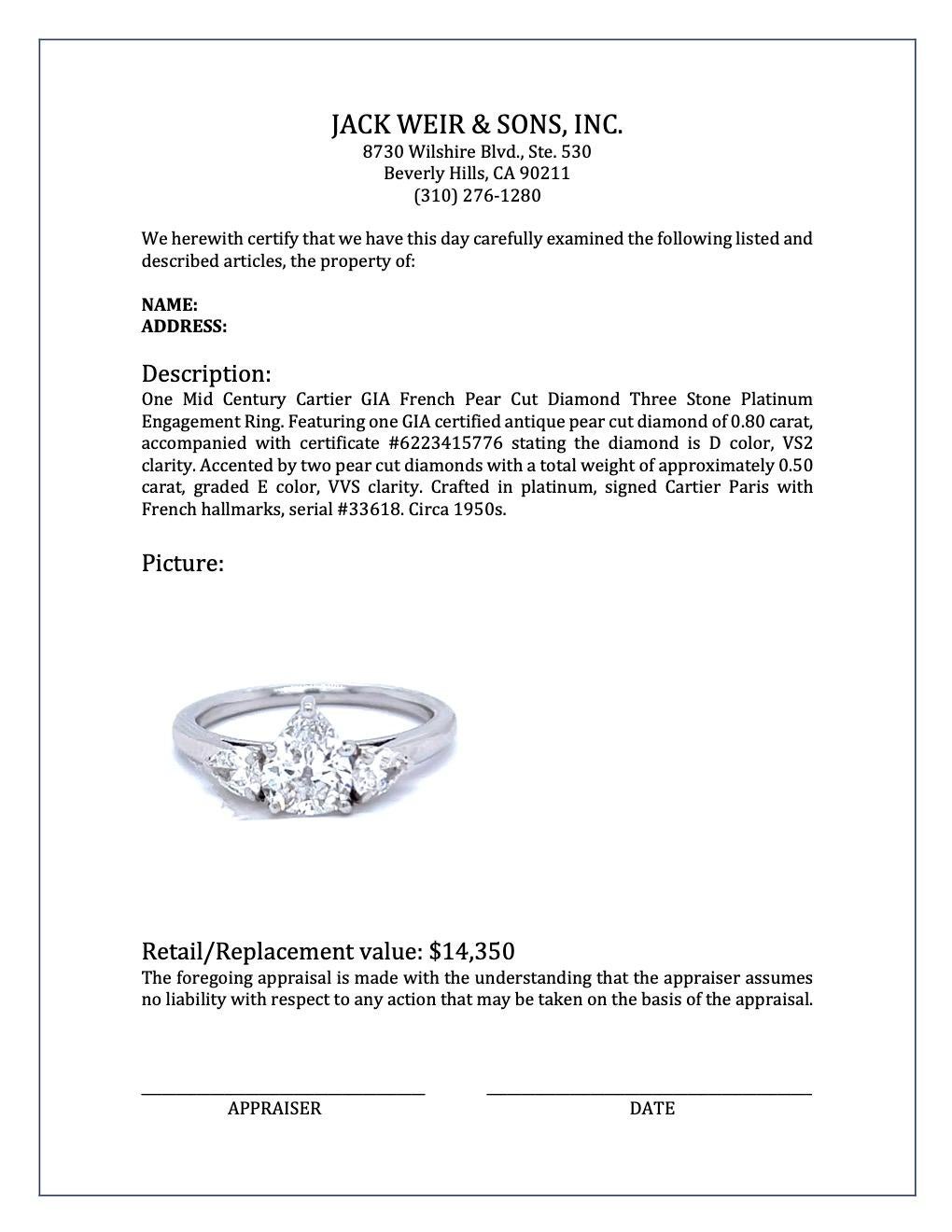 Cartier, bague de fiançailles en platine à 3 pierres et diamants taille poire, certifié GIA, France, milieu du siècle dernier 3