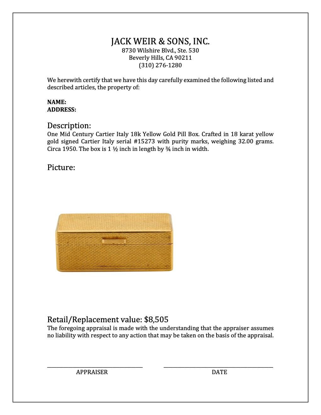 Mid Century Cartier Italy 18k Yellow Gold Pill Box 2