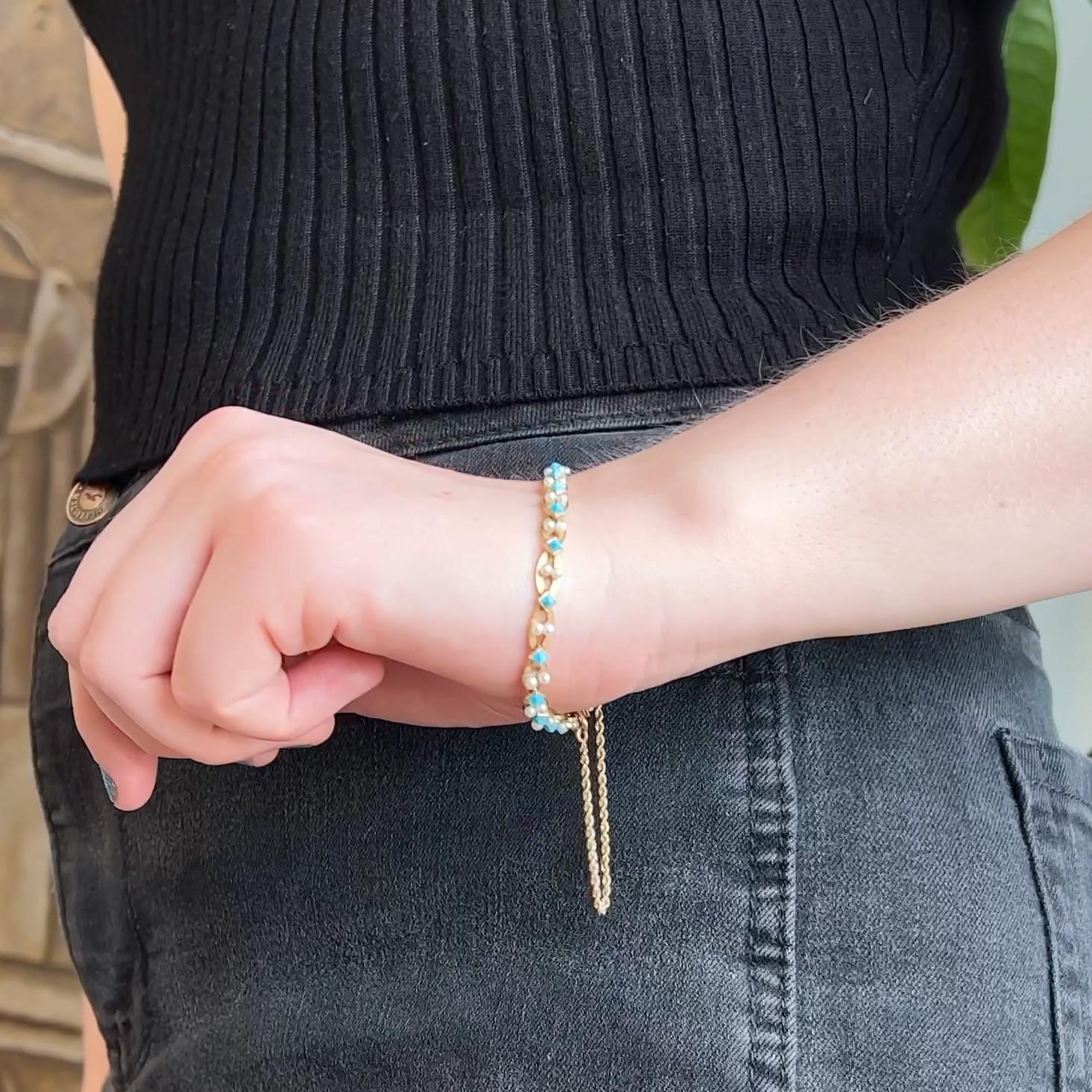 Mid-Century Cartier Paris Türkis Perle 14 Karat Gelbgold Gliederarmband (Ungeschliffen)