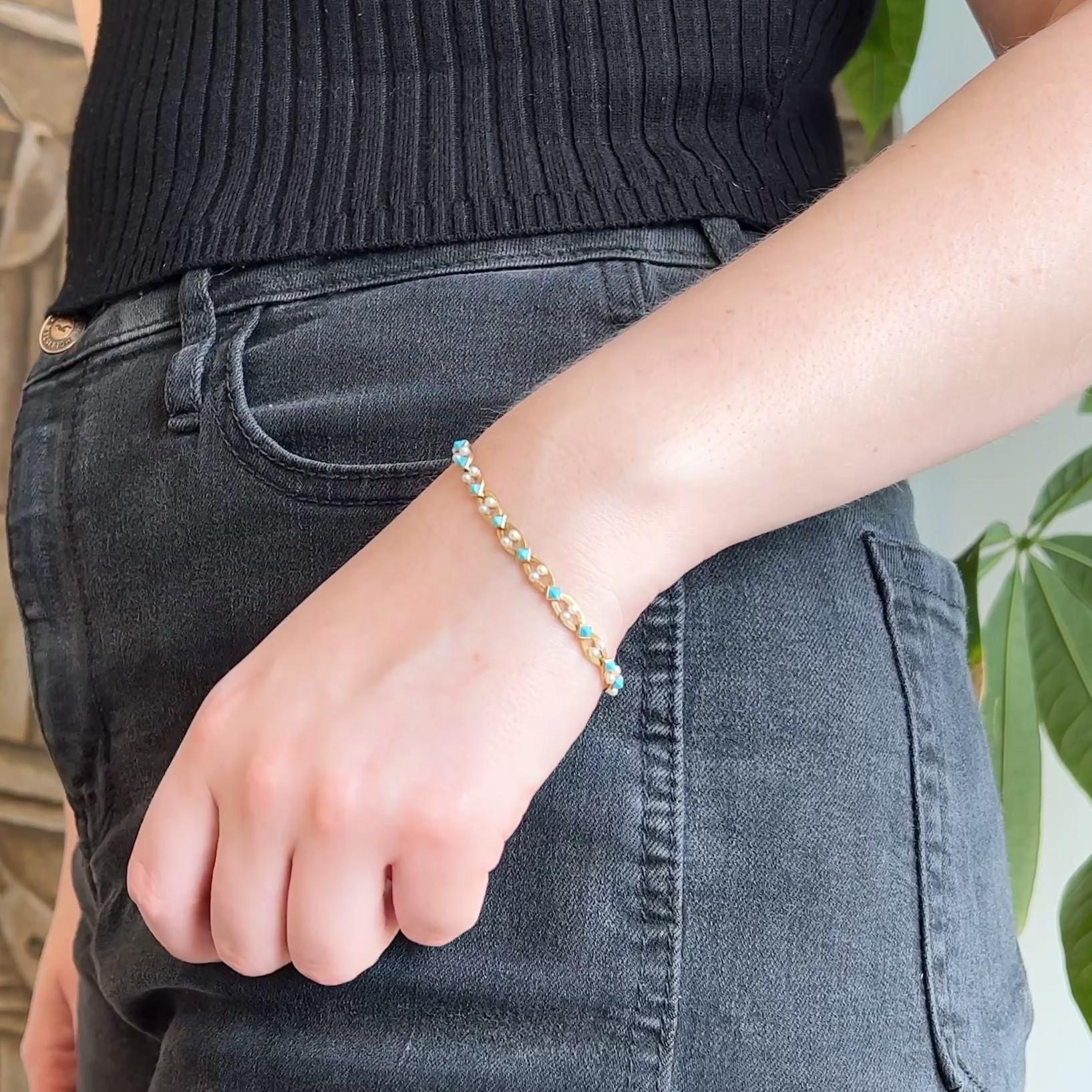 Mid-Century Cartier Paris Türkis Perle 14 Karat Gelbgold Gliederarmband im Zustand „Hervorragend“ in Beverly Hills, CA