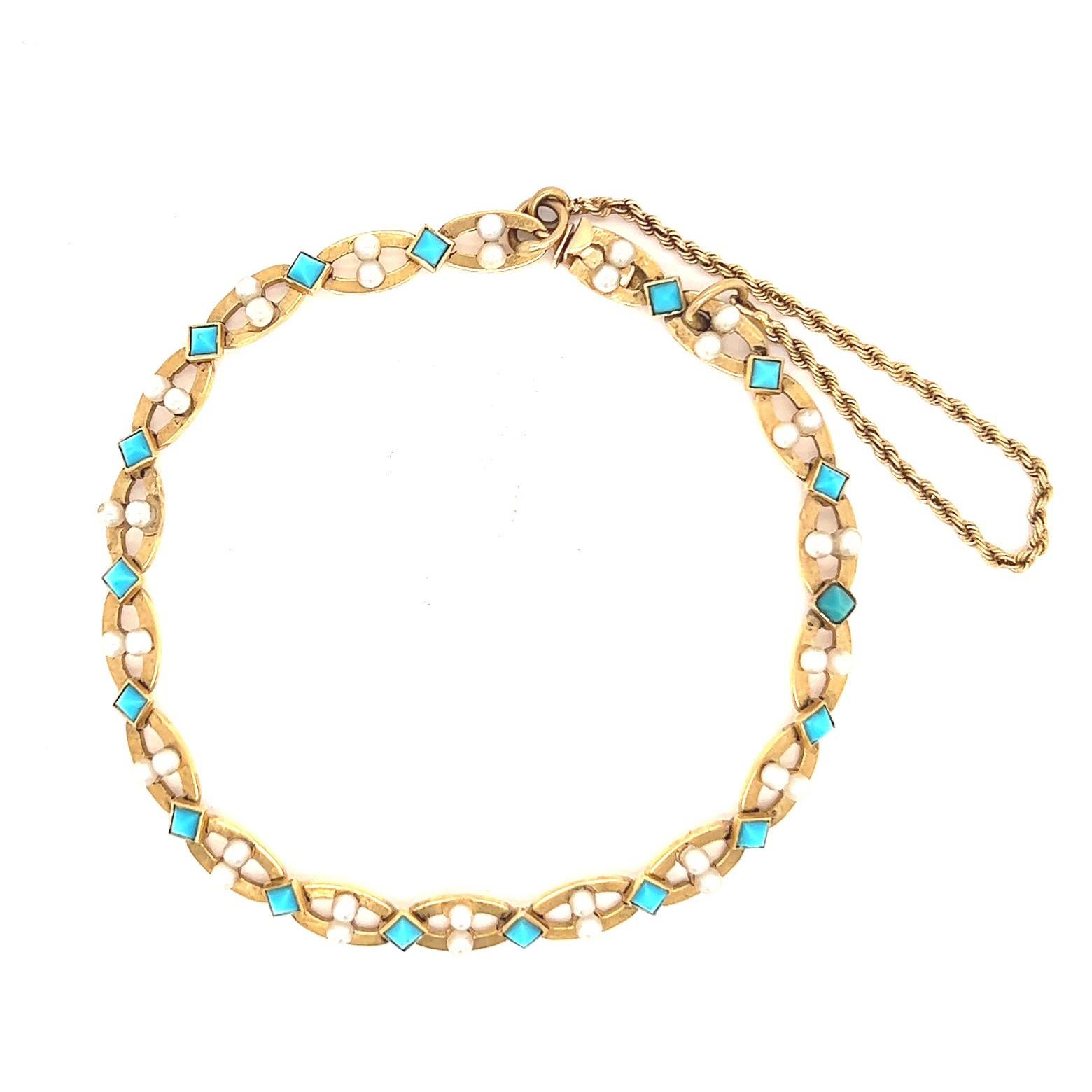 Mid-Century Cartier Paris Türkis Perle 14 Karat Gelbgold Gliederarmband 1