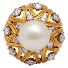 Vintage Midcentury Cartier Pearl and Diamond 18k Yellow Gold Cocktail Ring