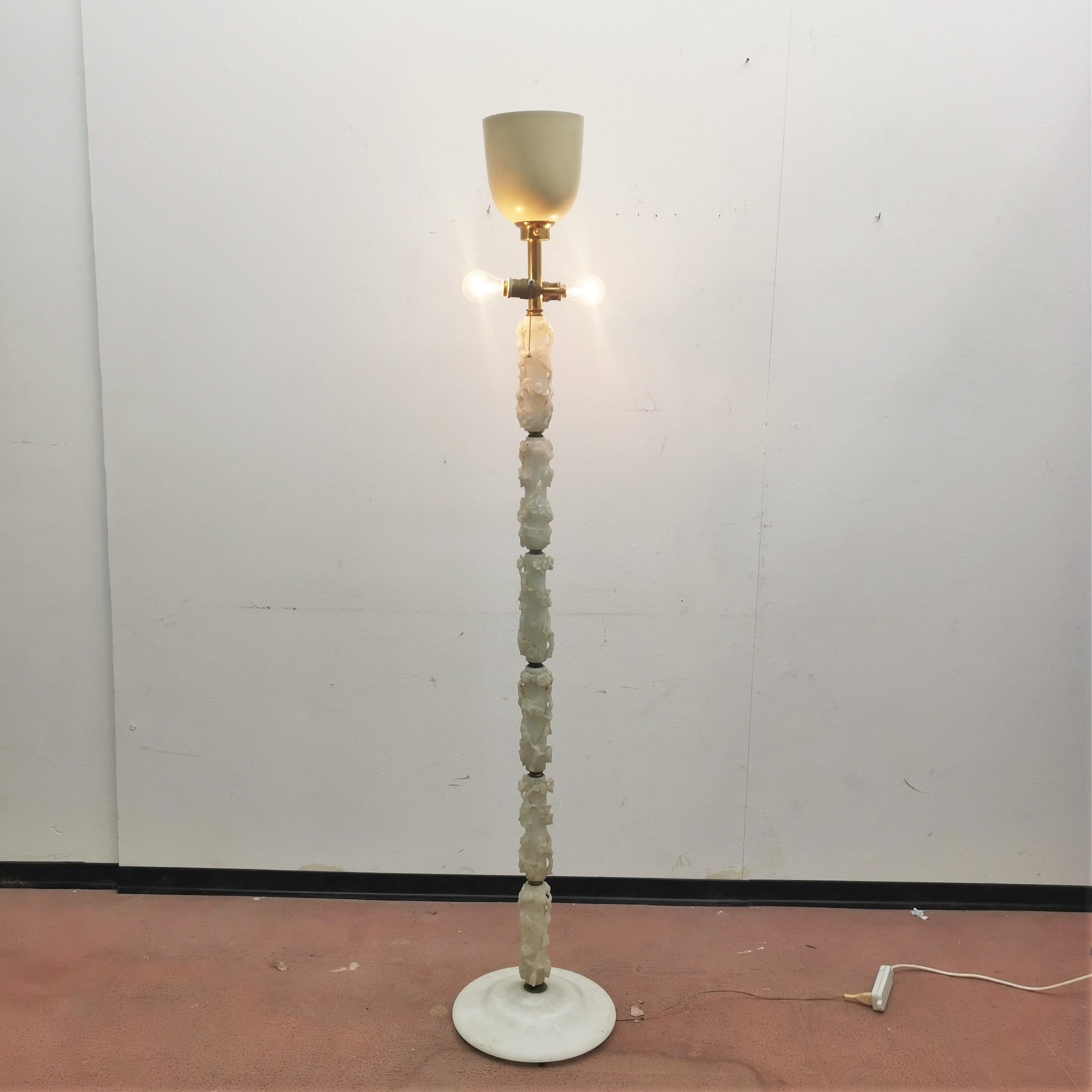 Mid-Century Carved Alabaster and Brass Floor Lamp, 50s, Italy 6