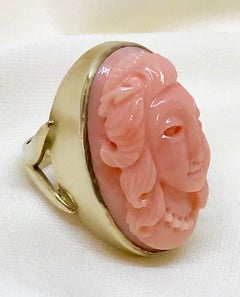 Mid-Century Carved Coral Cameo ring in 14k Gold-Plated Sterling
