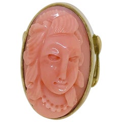 Mid-Century Carved Coral Cameo ring in 14k Gold-Plated Sterling