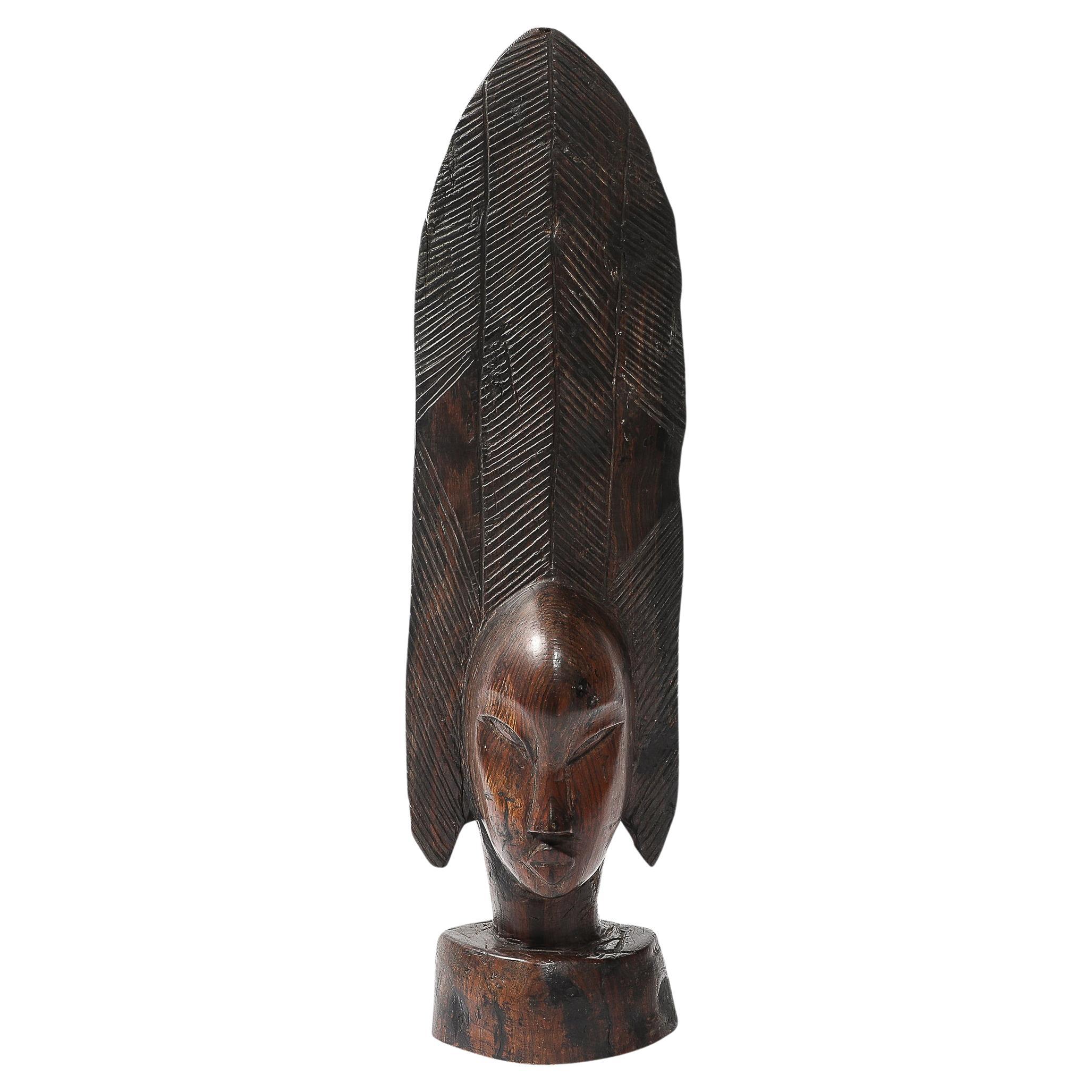 Mid-Century Carved Female Bust in Ebony Hardwood W/ Herringbone Pattern